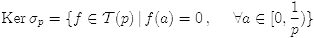$$\ker\, \sigma_p=\{f \in \cT(p)\,|\, f(a)=0\qqq a\in [0,\frac 1p)\}$$
