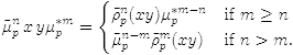 $$\tilde\mu_p^n\,x\,y {\mu_p^*}^m=\begin{cases} \tilde\rho_p^n(xy){\mu_p^*}^{m-n}&\text{if}~m\geq n\\ \tilde\mu_p^{n-m}\tilde\rho_p^m(xy) &\text{if}~n>m.\end{cases}$$